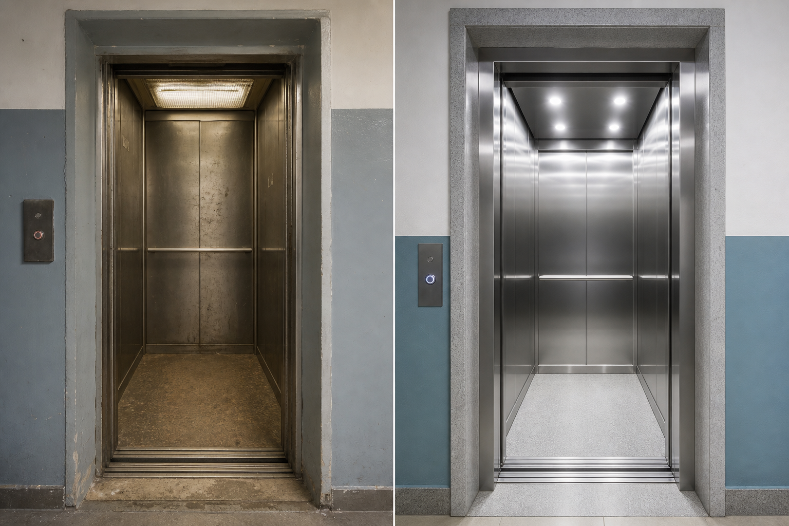 Antes e depois de modernização de cabina de elevador