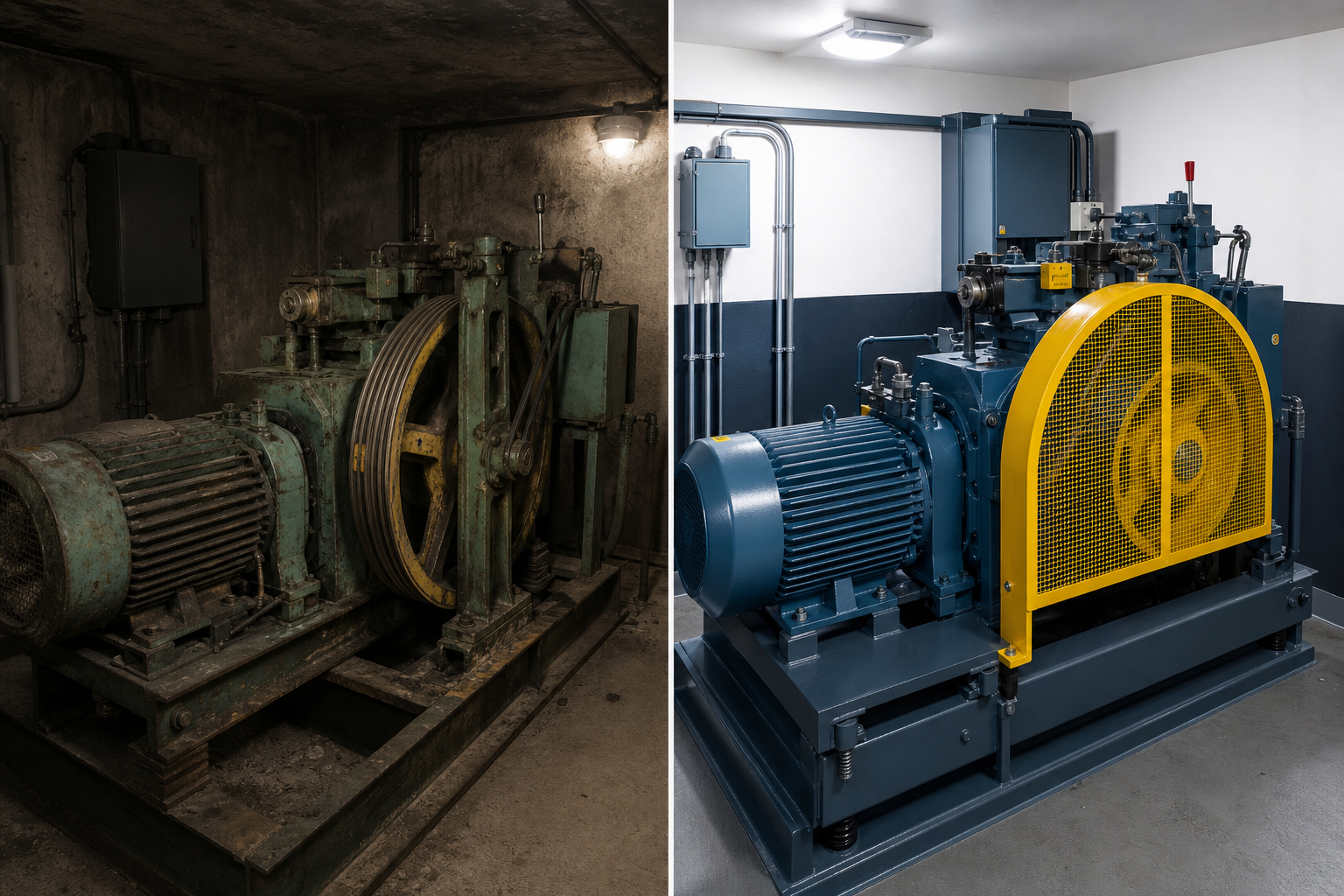 Antes e depois de modernização de máquina de elevador