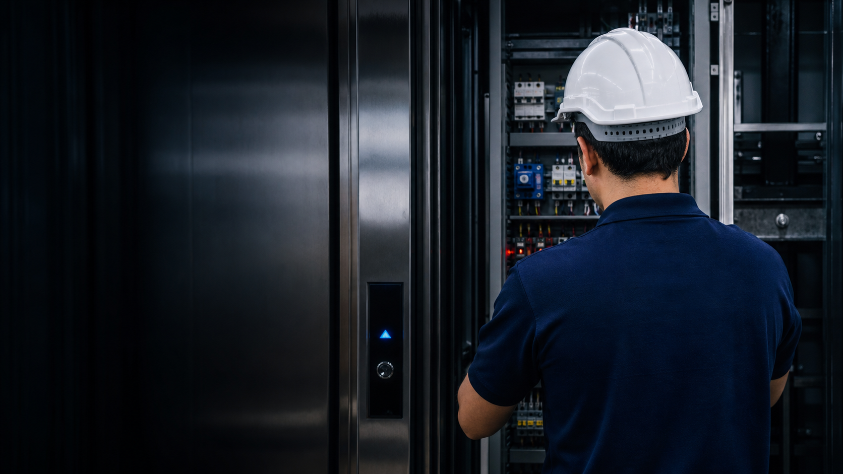 Técnico realizando manutenção em painel de elevador